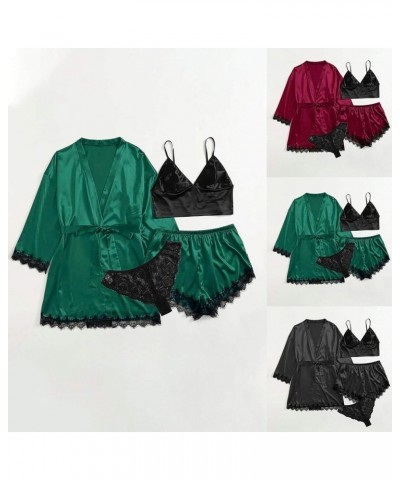 Silk Pajamas for Women Set with Robe Sexy Satin 4pcs Sleepwear Soft Floral Lace Cami Lingerie Shorts Loungwear 04-green $8.69...