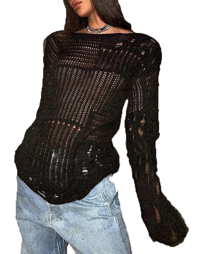 Women Long Sleeve Sweaters Hollow Out Loose Round Neck Off Shoulder Crochet Cutout Fishnet Pullover Knitwear F-black $14.52 S...