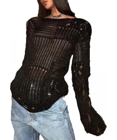 Women Long Sleeve Sweaters Hollow Out Loose Round Neck Off Shoulder Crochet Cutout Fishnet Pullover Knitwear F-black $14.52 S...