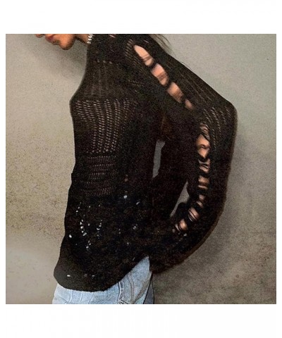 Women Long Sleeve Sweaters Hollow Out Loose Round Neck Off Shoulder Crochet Cutout Fishnet Pullover Knitwear F-black $14.52 S...