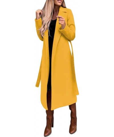 Winter Coats for Women Fashion Solid Lapel Long Wool Blend Coat Ladies Trench Long Jacket with Belt Tweed Outwear Medium Yell...