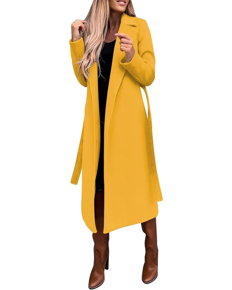 Winter Coats for Women Fashion Solid Lapel Long Wool Blend Coat Ladies Trench Long Jacket with Belt Tweed Outwear Medium Yell...