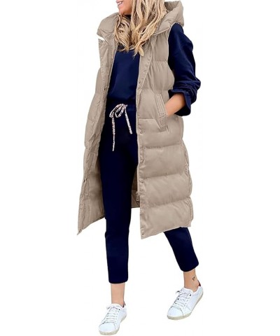 Womens Long Puffer Vest Full-Zip Hooded Sleeveless Down Jacket Coats with Pockets Khaki $23.76 Vests