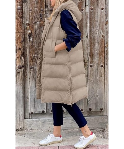 Womens Long Puffer Vest Full-Zip Hooded Sleeveless Down Jacket Coats with Pockets Khaki $23.76 Vests