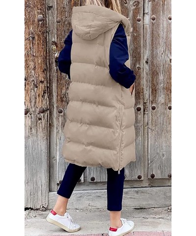 Womens Long Puffer Vest Full-Zip Hooded Sleeveless Down Jacket Coats with Pockets Khaki $23.76 Vests