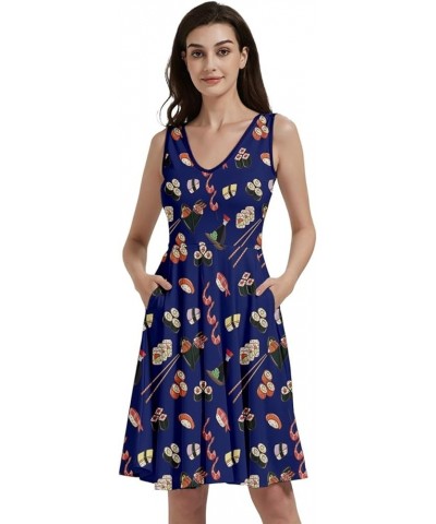 Womens Summer Sun Dress Japanese Style Sushi Goldfish Fan Dragon Fuji Pattern Skater Dress, XS-5XL Vneck Navy $16.19 Others