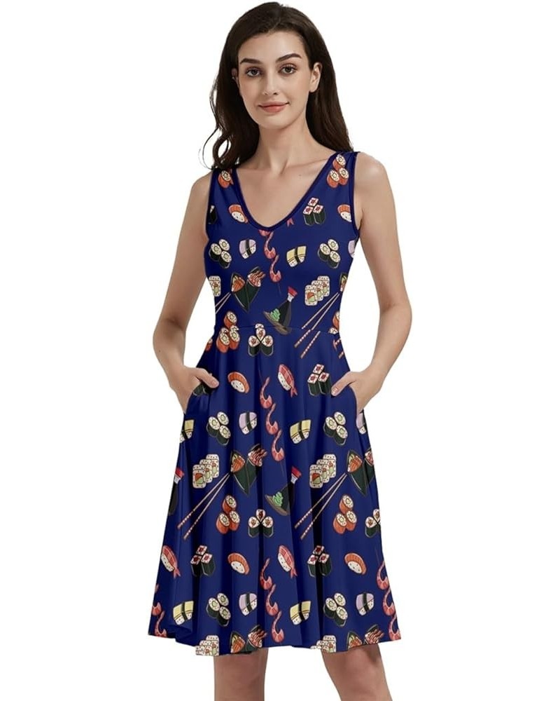 Womens Summer Sun Dress Japanese Style Sushi Goldfish Fan Dragon Fuji Pattern Skater Dress, XS-5XL Vneck Navy $16.19 Others