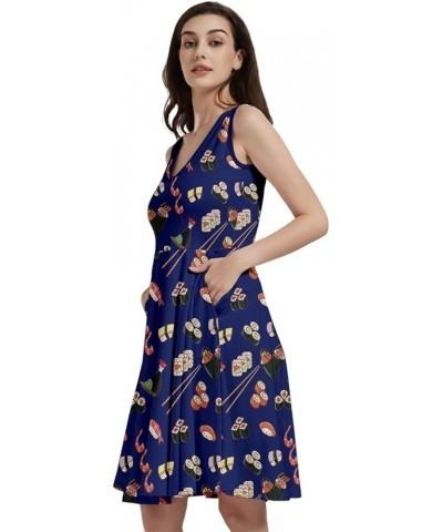 Womens Summer Sun Dress Japanese Style Sushi Goldfish Fan Dragon Fuji Pattern Skater Dress, XS-5XL Vneck Navy $16.19 Others