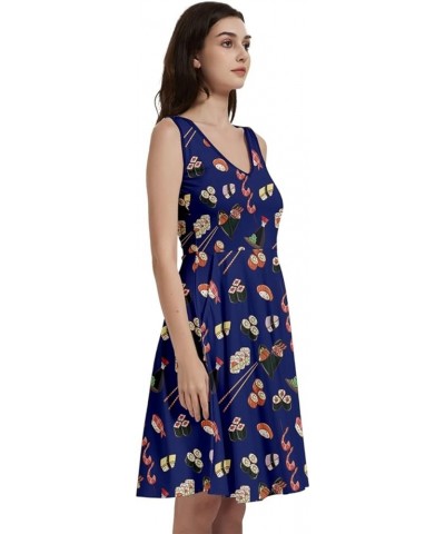 Womens Summer Sun Dress Japanese Style Sushi Goldfish Fan Dragon Fuji Pattern Skater Dress, XS-5XL Vneck Navy $16.19 Others