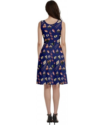 Womens Summer Sun Dress Japanese Style Sushi Goldfish Fan Dragon Fuji Pattern Skater Dress, XS-5XL Vneck Navy $16.19 Others