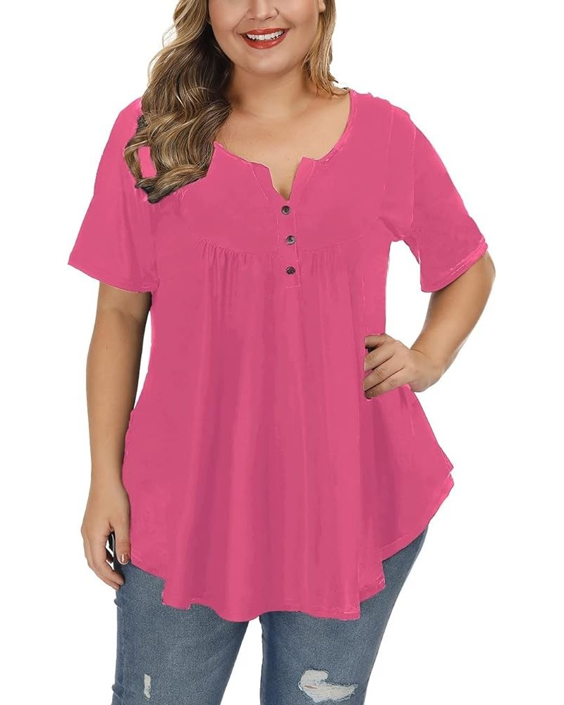 Women's Plus Size Tunic Tops Summer Short Sleeve V Neck Blouses Ruffle Flowy Button Up T Shirts Solid Rose Red $17.92 Tops