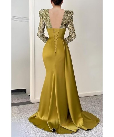 Long Sleeve Sequin Prom Dresses for Women Slit 2024 Sparkly V Neck Mermaid Satin Formal Evening Gowns Z-peacock $33.00 Dresses