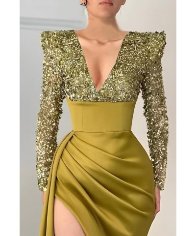 Long Sleeve Sequin Prom Dresses for Women Slit 2024 Sparkly V Neck Mermaid Satin Formal Evening Gowns Z-peacock $33.00 Dresses