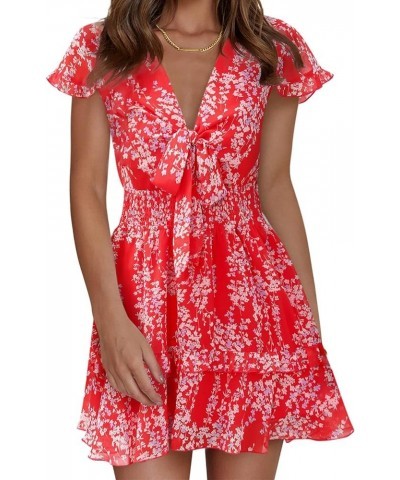 Womens Spring Summer Knot Front V Neck Ruffles Short Sleeve Floral Print Swing Mini Dress Floral Red $26.09 Dresses