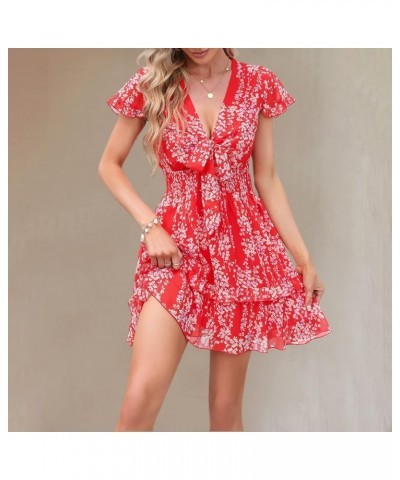 Womens Spring Summer Knot Front V Neck Ruffles Short Sleeve Floral Print Swing Mini Dress Floral Red $26.09 Dresses