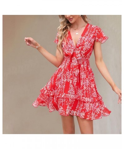 Womens Spring Summer Knot Front V Neck Ruffles Short Sleeve Floral Print Swing Mini Dress Floral Red $26.09 Dresses