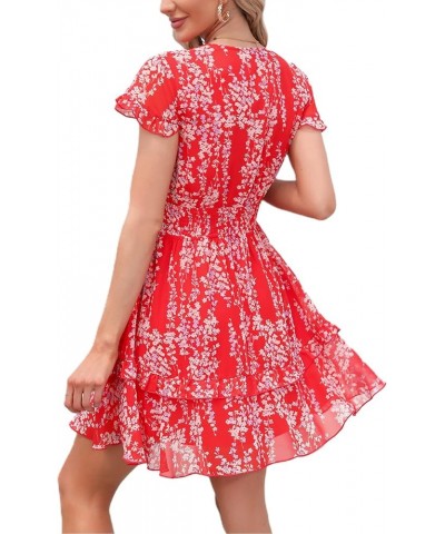 Womens Spring Summer Knot Front V Neck Ruffles Short Sleeve Floral Print Swing Mini Dress Floral Red $26.09 Dresses