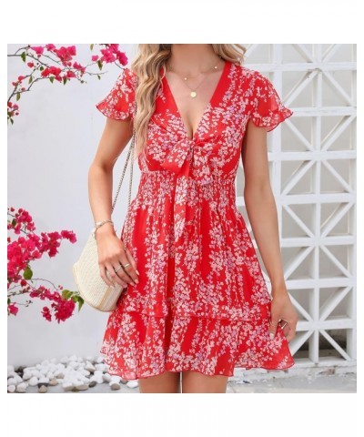 Womens Spring Summer Knot Front V Neck Ruffles Short Sleeve Floral Print Swing Mini Dress Floral Red $26.09 Dresses