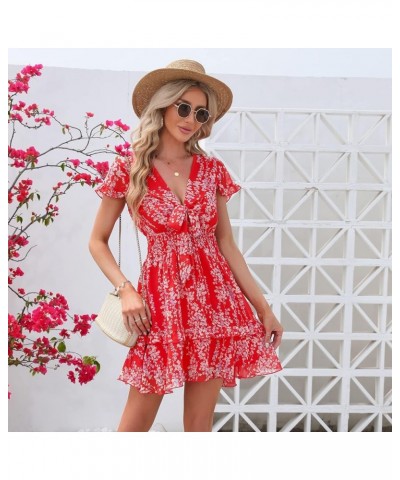 Womens Spring Summer Knot Front V Neck Ruffles Short Sleeve Floral Print Swing Mini Dress Floral Red $26.09 Dresses