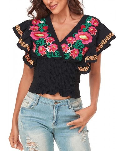 Women Mexican Embroidered Off-Shoulder Shirt Lace Falbala Top 461bk $18.62 Blouses