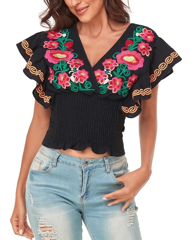 Women Mexican Embroidered Off-Shoulder Shirt Lace Falbala Top 461bk $18.62 Blouses