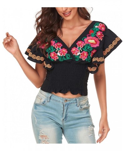 Women Mexican Embroidered Off-Shoulder Shirt Lace Falbala Top 461bk $18.62 Blouses