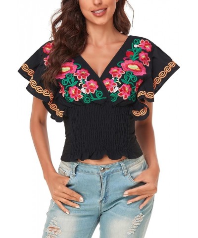 Women Mexican Embroidered Off-Shoulder Shirt Lace Falbala Top 461bk $18.62 Blouses