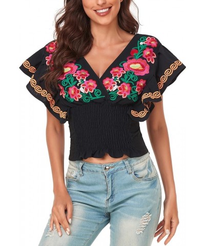 Women Mexican Embroidered Off-Shoulder Shirt Lace Falbala Top 461bk $18.62 Blouses