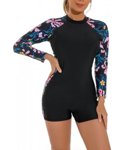 Womens Rash Guard Long Sleeve Swimsuit Zipper One Piece Bathing Suit with Boyshort Bottom UPF 50+ Surfing Swimwear Black-pink...