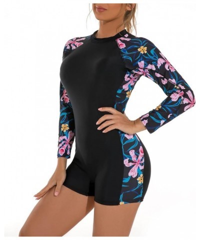 Womens Rash Guard Long Sleeve Swimsuit Zipper One Piece Bathing Suit with Boyshort Bottom UPF 50+ Surfing Swimwear Black-pink...