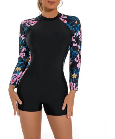 Womens Rash Guard Long Sleeve Swimsuit Zipper One Piece Bathing Suit with Boyshort Bottom UPF 50+ Surfing Swimwear Black-pink...