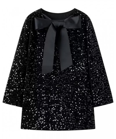 Women's Sequined Sparkly Party Dresses Ribbon Long Sleeved Club Night Out Mini Dresses Black $20.51 Dresses