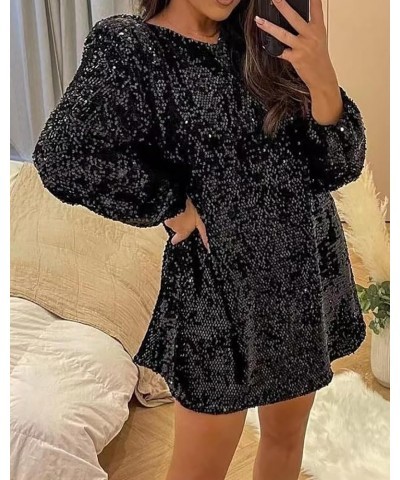 Women's Sequined Sparkly Party Dresses Ribbon Long Sleeved Club Night Out Mini Dresses Black $20.51 Dresses