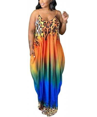 Women's Casual Adjustable Spaghetti Strap Maxi Dress Plus Size Sundresses with Pockets 05-orange Leopard $24.18 Dresses