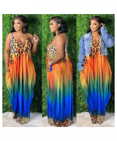 Women's Casual Adjustable Spaghetti Strap Maxi Dress Plus Size Sundresses with Pockets 05-orange Leopard $24.18 Dresses