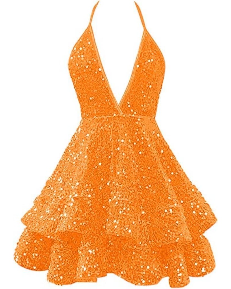 Sequin Homecoming Dresses for Teens Sparkly Halter Short Prom Dresses 2024 V Neck Backless Cocktails Party Gowns Orange $28.0...