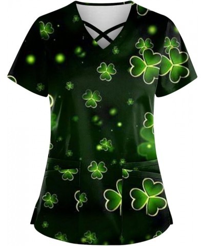 St Patricks Tops 2024 Blouse Womens Plus Size Short Sleeve Fashion Cross V Neck Shirt Double Pockets Tshirts 1-army Green $9....