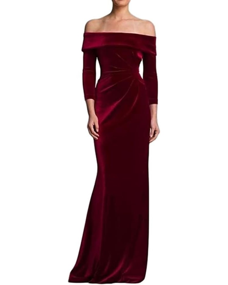 Women Off The Shoulder Velvet Prom Dresses Long Sleeve Elegant Formal Evening Gown for Winter ABCD78 Burgundy $38.64 Dresses