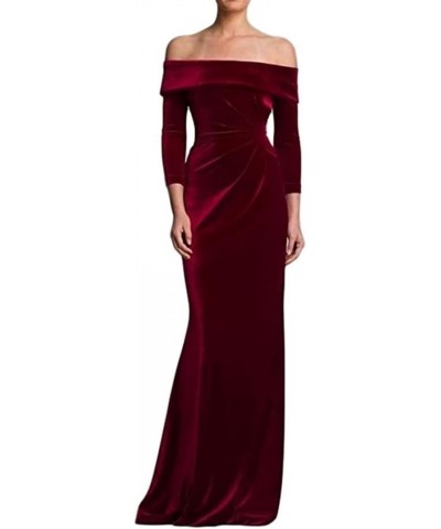 Women Off The Shoulder Velvet Prom Dresses Long Sleeve Elegant Formal Evening Gown for Winter ABCD78 Burgundy $38.64 Dresses