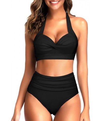 Women Two Piece Vintage Swimsuit Retro Halter Ruched High Waist Bikini with Bottom Black 1 $17.84 Swimsuits