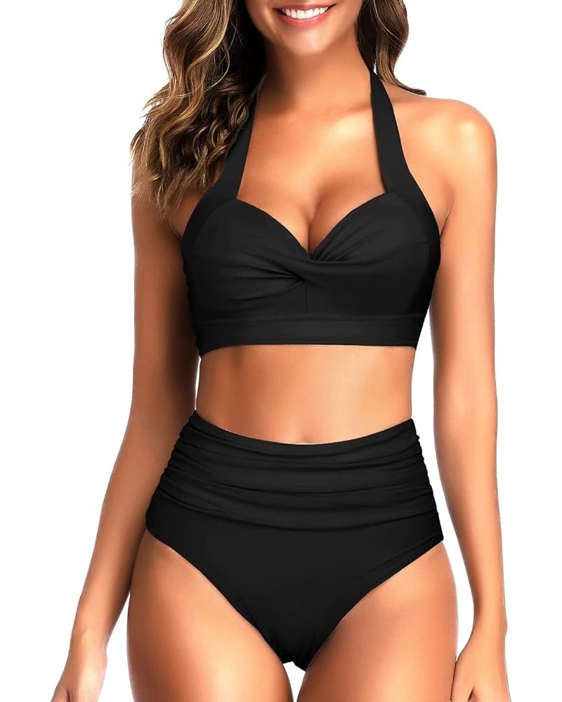 Women Two Piece Vintage Swimsuit Retro Halter Ruched High Waist Bikini with Bottom Black 1 $17.84 Swimsuits