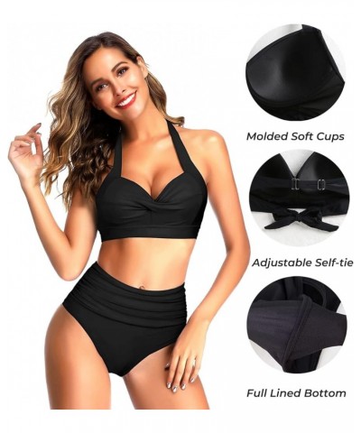 Women Two Piece Vintage Swimsuit Retro Halter Ruched High Waist Bikini with Bottom Black 1 $17.84 Swimsuits