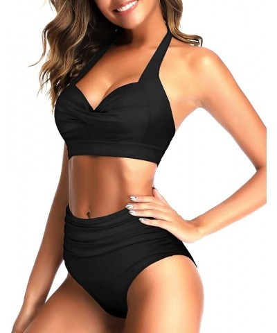 Women Two Piece Vintage Swimsuit Retro Halter Ruched High Waist Bikini with Bottom Black 1 $17.84 Swimsuits