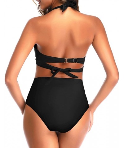 Women Two Piece Vintage Swimsuit Retro Halter Ruched High Waist Bikini with Bottom Black 1 $17.84 Swimsuits