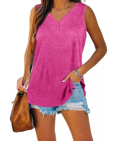 Womens Tank Tops Summer V Neck Sleeveless Shirts Button Up Loose Fit 18-deeppink $10.75 Tanks