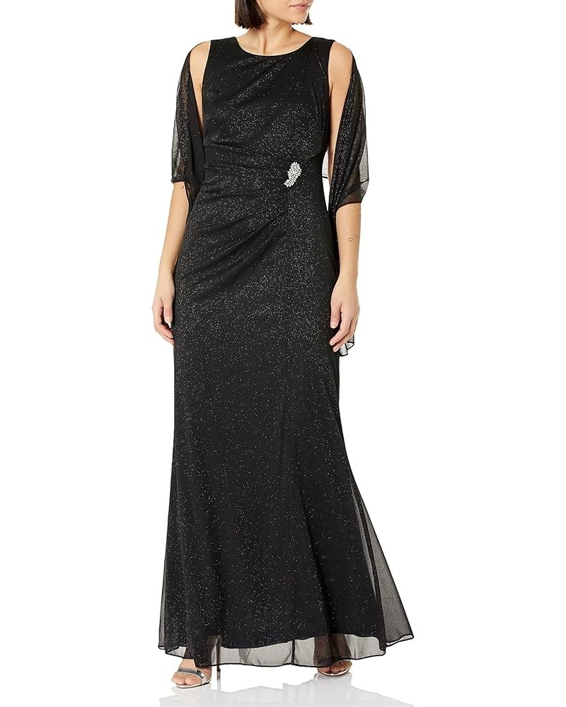 Women's Long Glitter Mesh Sleeveless Dress With Embellished Waist and Shawl Black $58.47 Dresses