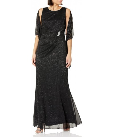 Women's Long Glitter Mesh Sleeveless Dress With Embellished Waist and Shawl Black $58.47 Dresses