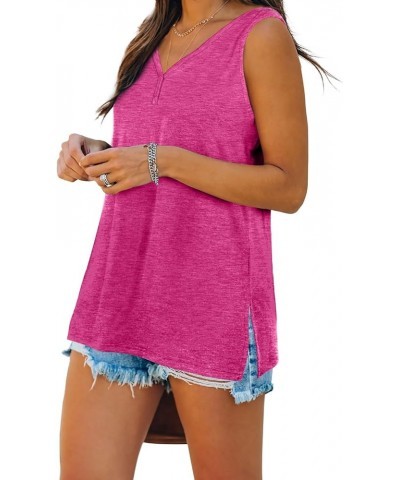 Womens Tank Tops Summer V Neck Sleeveless Shirts Button Up Loose Fit 18-deeppink $10.75 Tanks