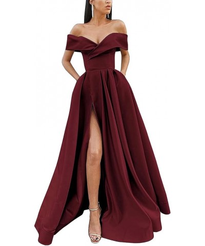 Off The Shoulder Prom Dresses Long with Slit Satin Evening Ball Gowns Formal Party Dress for Women with Pockets Dark Burgundy...