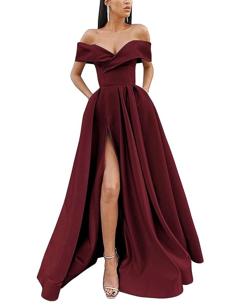 Off The Shoulder Prom Dresses Long with Slit Satin Evening Ball Gowns Formal Party Dress for Women with Pockets Dark Burgundy...